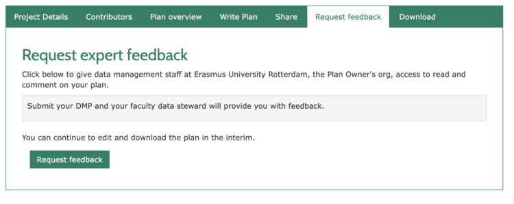 A screenshot from DMPOnline, on the Request Feedback tab, with the button showing "Request feedback"